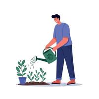 A man watering green plants in a garden with a watering can in a flat, minimal style illustration vector