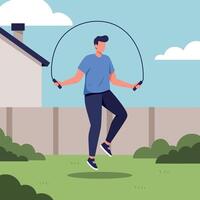 A man energetically skipping rope in a vibrant backyard, showcasing a flat design style, emphasizing fitness and joy in art vector