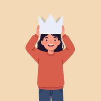 A joyful child wearing a paper crown smiles brightly in a minimal flat design illustration with a warm beige background vector