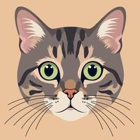 Adorable tabby cat with striking green eyes in minimal flat design style, showcasing playful expression and soft features, perfect for pet lovers, art vector