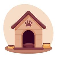 Wooden Doghouse with Paw Print in Minimal Design Surrounded by Pet Bowls Illustration vector
