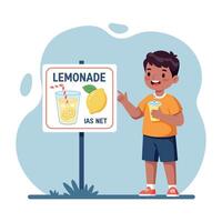 A cheerful boy holding a lemonade drink beside a colorful lemonade stand in a flat design illustration, showcasing summer fun and refreshment in a vibrant setting. vector