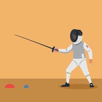 Fencer in white uniform poised with foil sword against a minimalist backdrop showcasing determination and focus in flat illustration vector