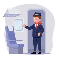 Cheerful flight attendant in uniform welcoming passengers with a friendly gesture in a flat design illustration vector