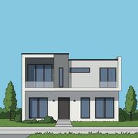 Modern two-story house with large windows and minimalist design featuring flat colors and geometric shapes in illustration vector