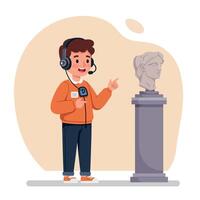 A young boy enthusiastically explaining a statue with a headset, in a flat and colorful illustration vector