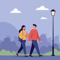 Couple walking hand in hand through a scenic park in a minimal flat design illustration vector