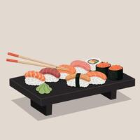 Assorted Sushi on Wooden Platter with Chopsticks in Minimalist Style Illustration vector