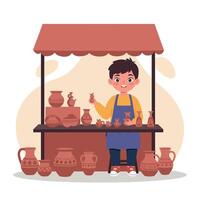 Young boy at a pottery stall displaying handmade clay pots in a cheerful, flat illustration setting vector