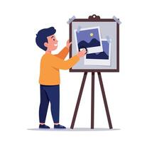 A young boy in an orange sweater joyfully arranging photographs on an easel in a bright, cheerful setting, showcasing a passion for art in flat illustration vector