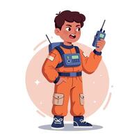 Young astronaut in an orange space suit using a radio, expressing excitement, flat illustration showcasing communication in outer space exploration vector