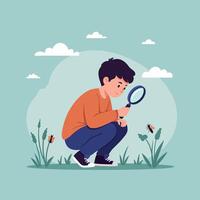 A curious boy examining flowers with a magnifying glass in a playful, flat design illustration showcasing nature and discovery in a cheerful atmosphere vector