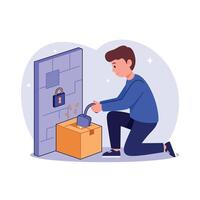 A young man kneeling while unlocking a box with a padlock in a minimal flat design style, conveying a sense of curiosity and exploration in illustration vector