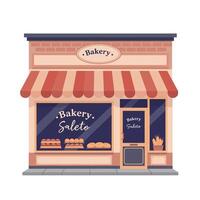 Bakery storefront with red and white awning showcasing fresh pastries in a flat illustration design evoking warmth and charm vector