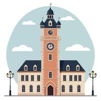 Elegant clock tower building in flat design style surrounded by street lamps and clouds in bright art vector