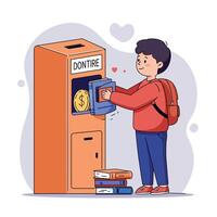 A young boy donating books and coins into an orange donation box in a cheerful, minimal illustration showcasing generosity and community spirit vector