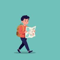 A young boy with a backpack looking puzzled while studying a map in a flat design illustration vector