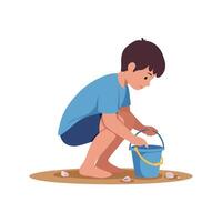 A young boy crouching on the sandy beach while filling a blue bucket with seashells in a flat, colorful illustration vector