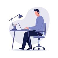 Professional man focused on work at a modern desk with a lamp in minimal illustration vector