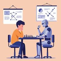 A boy in a yellow sweater thoughtfully playing chess against a robot in a flat, minimal illustration, depicting a strategic battle of minds in a modern setting. vector