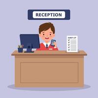 Friendly receptionist in a red uniform at a modern front desk area with a computer and guest list, minimal and cheerful illustration vector