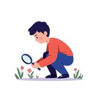 A young boy crouching down with a magnifying glass to observe colorful flowers in a flat, vibrant illustration vector