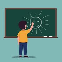 A young boy drawing a smiling sun on a chalkboard in a minimal, colorful classroom setting, showcasing creativity and joy in art vector