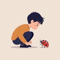 A young boy observing a ladybug closely while crouching on a light background in a playful and curious flat illustration vector