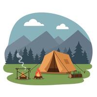 Camping Scene with Mountains and Forest in Flat Design Style Illustration vector
