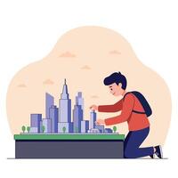 A young man exploring a miniature city model with a backpack in a colorful flat design illustration vector