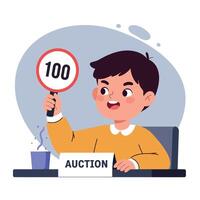 A cheerful boy raising a bid paddle with the number 100 while sitting at an auction table in a flat illustration vector