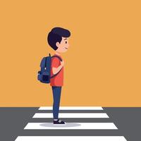 Young boy with backpack standing on a crosswalk in a minimal, flat design style art vector