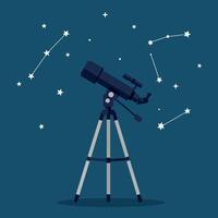 A telescope under a starry night sky with visible constellations in flat design style illustration vector