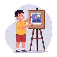 A young boy joyfully presenting his colorful artwork on an easel in a cheerful, minimal illustration style, capturing creativity and enthusiasm in art vector