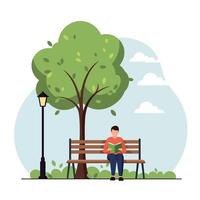 Young man reading a book on a bench under a lush tree in a flat illustration vector