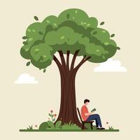 A man reading a book under a large green tree in a serene park setting, flat illustration vector