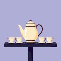 Elegant cream tea set with teapot and cups in flat design style showcasing warmth and hospitality in illustration vector