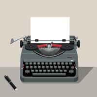 Classic typewriter on a simple desk with a blank page and pen, flat design illustration vector