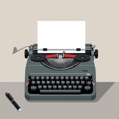 Classic typewriter on a simple desk with a blank page and pen, flat design illustration