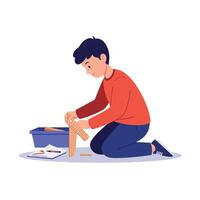 A young boy building a wooden model on the floor with focused concentration in a flat illustration vector