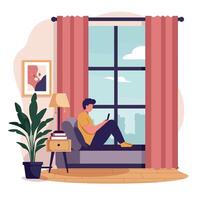 A young man relaxing on a couch by the window in a cozy room, featuring flat design style illustration vector