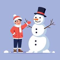 A cheerful boy in a red jacket and white scarf builds a snowman with a black hat and carrot nose in a flat illustration vector