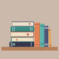 Stack of Colorful Books on Wooden Shelf in Minimalist Design, Capturing a Cozy and Organized Atmosphere in Illustration vector