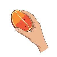 Hand holding a vibrant orange fruit with red speckles in a flat, minimalist design style, showcasing fresh produce in art vector