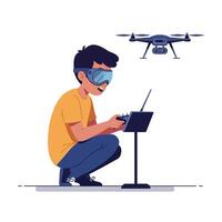 A young boy operating a drone while wearing virtual reality goggles in a flat design art scene showcasing excitement and engagement in technology vector