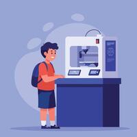 Young boy interacting with a 3D printer in a classroom setting, showcasing a flat design style, art vector