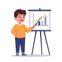 A cheerful young boy presenting a colorful bar graph on a flip chart in a flat illustration style, showcasing his excitement and engagement in learning vector