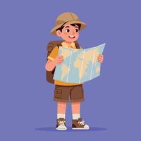 A cheerful boy exploring the world with a map while wearing a safari hat in a flat illustration vector