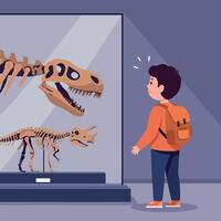 A young boy observing dinosaur skeletons in a museum display, designed in a flat illustration style, showcasing curiosity and wonder, art vector