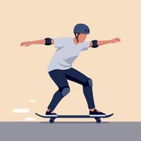 A young male skateboarder performing tricks while wearing protective gear in a flat design style, showcasing motion and excitement in vibrant art vector
